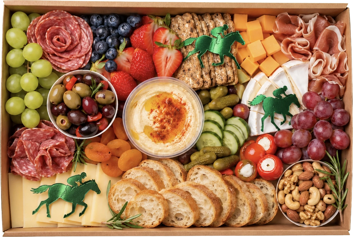 A beautifully arranged charcuterie board in a wooden box, featuring sliced bread, crackers, cheese, cured meats, grapes, olives, pickles, hummus, and nuts, styled with green horse-shaped cutouts on the cheese. Perfect for Melbourne Cup office events