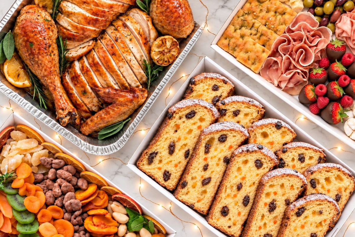 EATALO Christmas party catering: sliced roast turkey, panettone, dried fruit and nut platter and an Italian deli grazing board