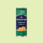 Sanpellegrino Clementina sparkling drink can on a light green background. Drink options for office catering.