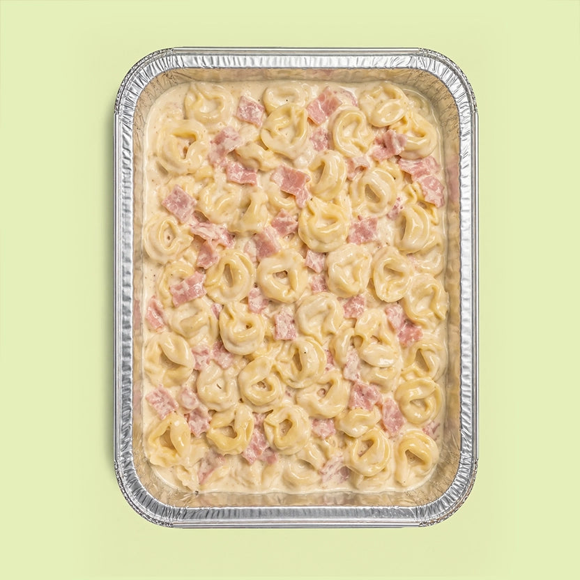 Tray of TORTELLINI pasta with ham and cream on a light green background