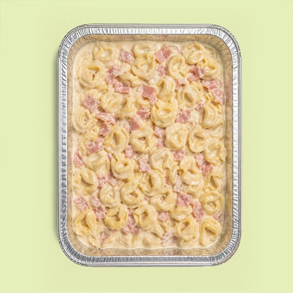 Tray of TORTELLINI pasta with ham and cream on a light green background