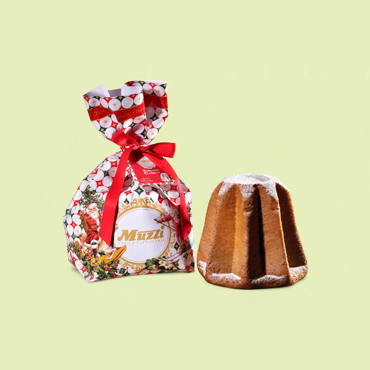 A festive packaged food product on a pale yellow-green background, showing a wrapped Muzzi candy cane-shaped treat tied with a red ribbon next to an unwrapped brown candy cane with white powdered sugar dusting.