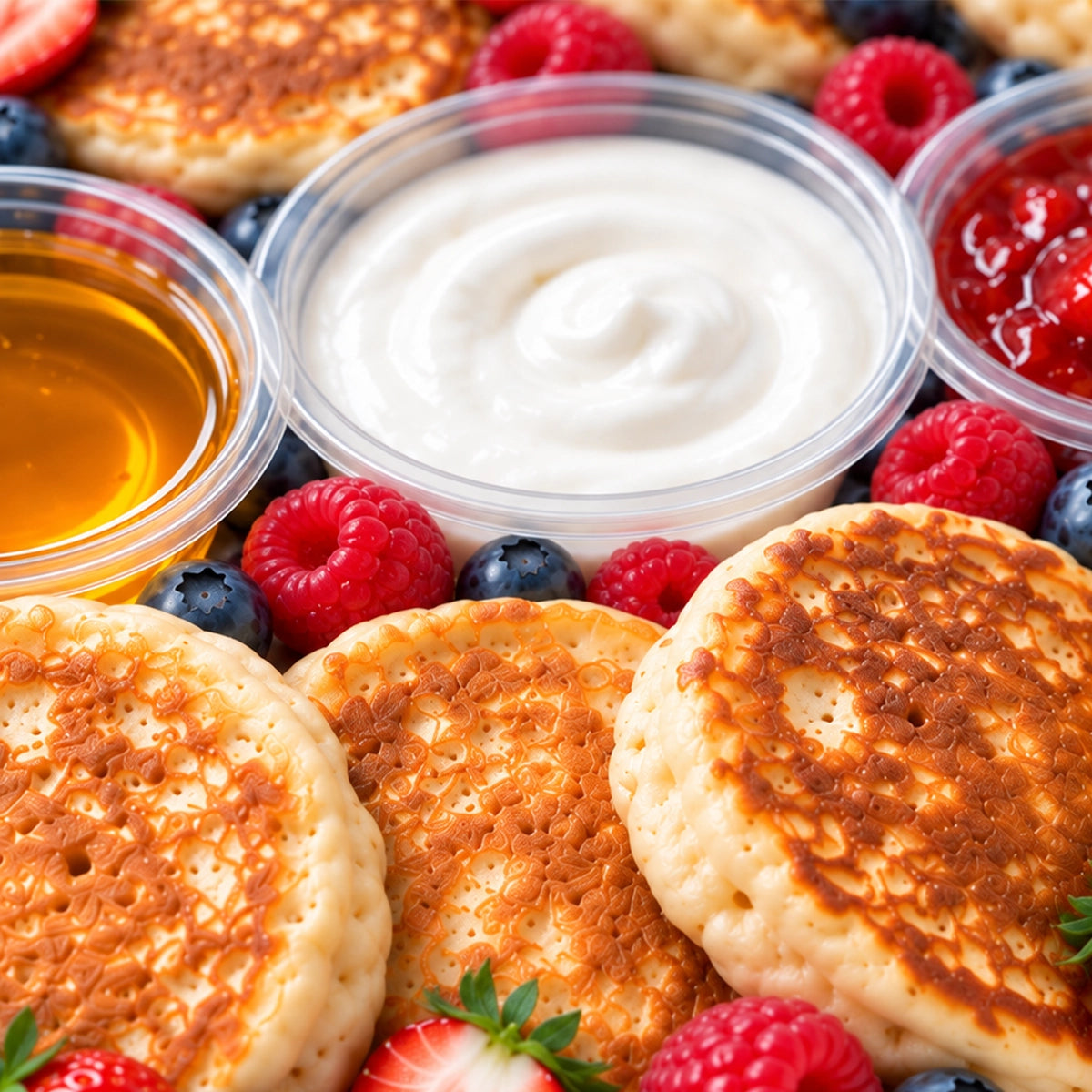 EATALO pancake platter with fresh berries, maple syrup, yogurt, triple berry jam and chocolate dips for office breakfast catering in Sydney CBD