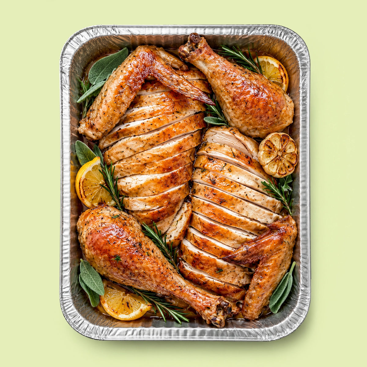 Sliced roast turkey platter in a foil catering tray with sliced turkey breast, two drumsticks and two wings, lemon, roasted garlic, rosemary and sage, on a pale green background.