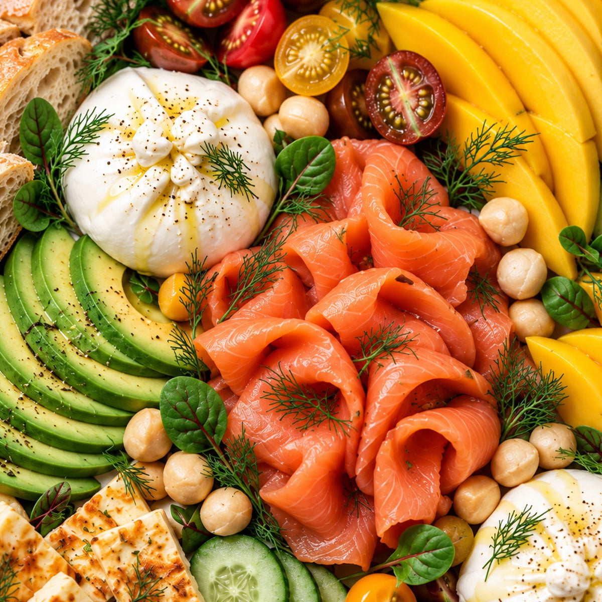 A beautifully arranged gourmet food platter featuring thinly sliced pink salmon, creamy white mozzarella balls, sliced green avocado, fresh cherry tomatoes, cucumber, chickpeas, dill, and crusty bread on a white background.