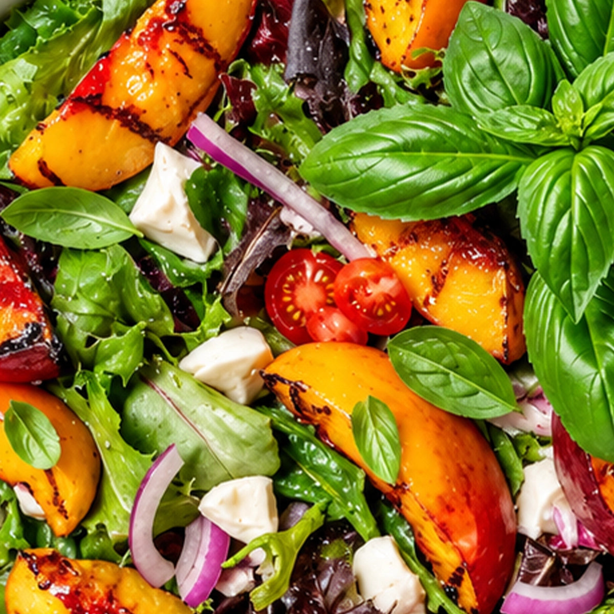 A close-up of a fresh salad with grilled peach slices, mixed greens, cherry tomatoes, red onion, and white cheese cubes on a bed of green and  basil leaves.