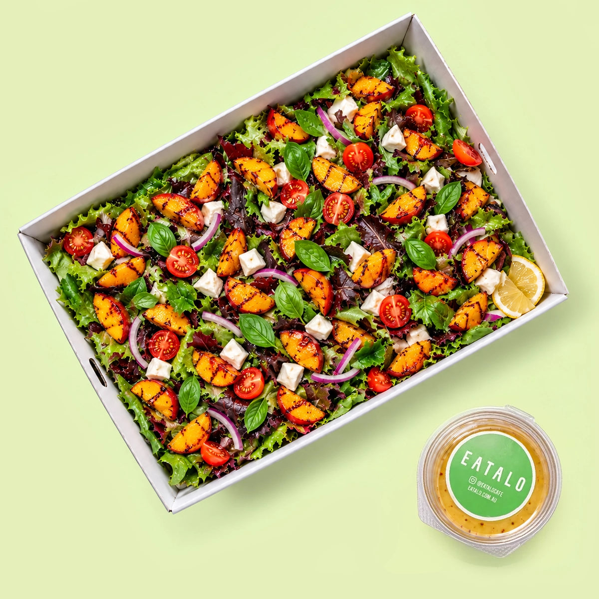 Catering box of grilled peach and burrata summer salad with mixed leaves, cherry tomatoes, red onion and basil, with a pot of dressing on the side.