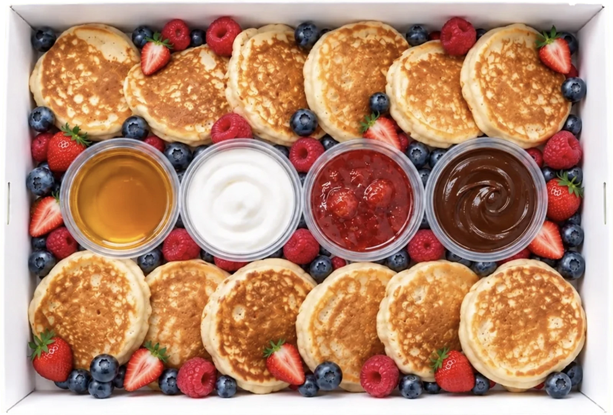 A top-down view of a breakfast box featuring golden-brown pancakes, fresh berries, blueberries, and four small containers of syrup or sauce: maple syrup, yogurt, strawberry compote, and chocolate syrup, all arranged neatly in a white box.