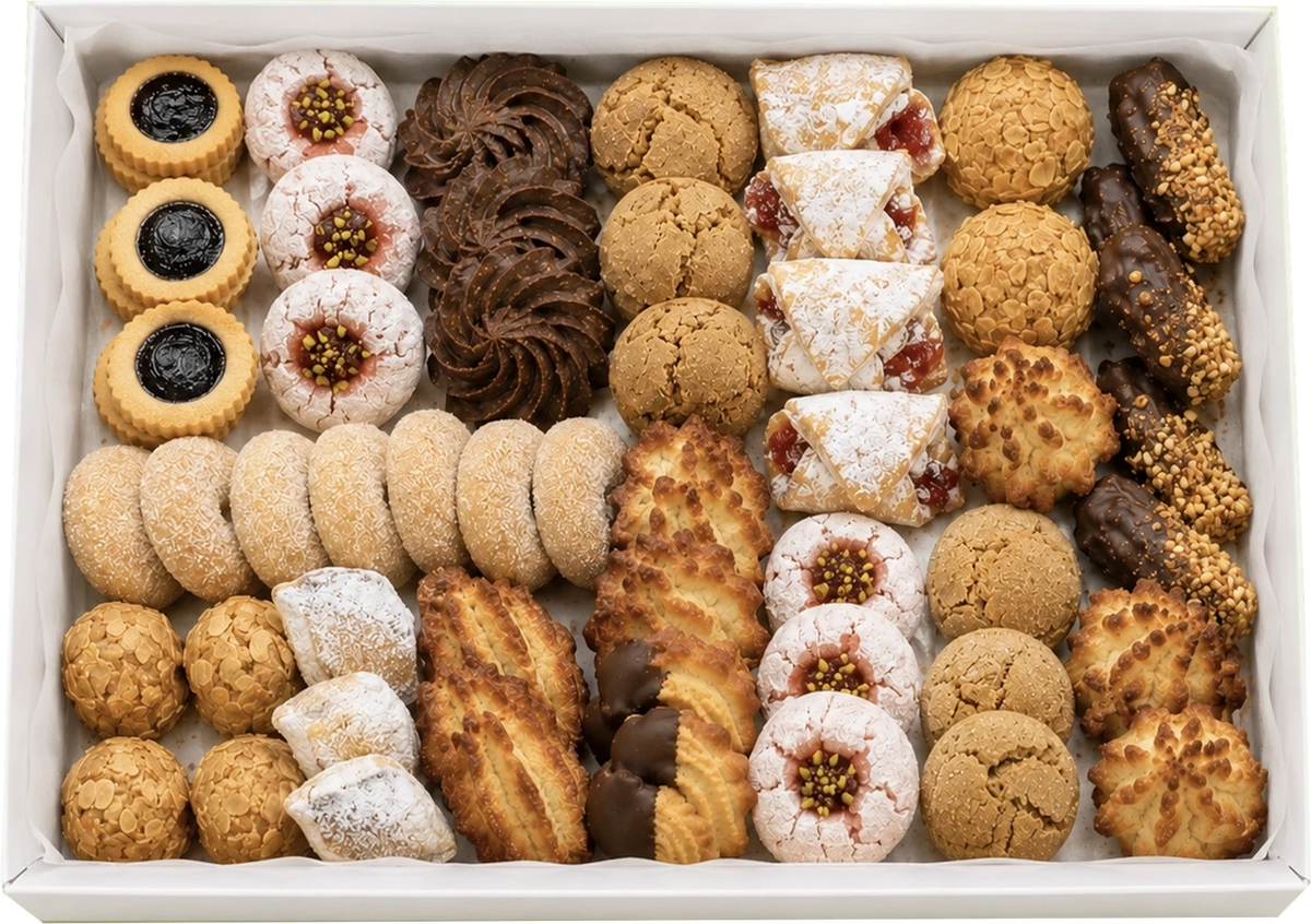 A white box for Morning and High tea filled with an assortment of baked cookies, pastries, and biscuits arranged in neat rows. The collection includes chocolate swirled cookies, powdered sugar-dusted treats, jam-filled round cookies, nut-coated pieces, and golden-brown crumb cookies.