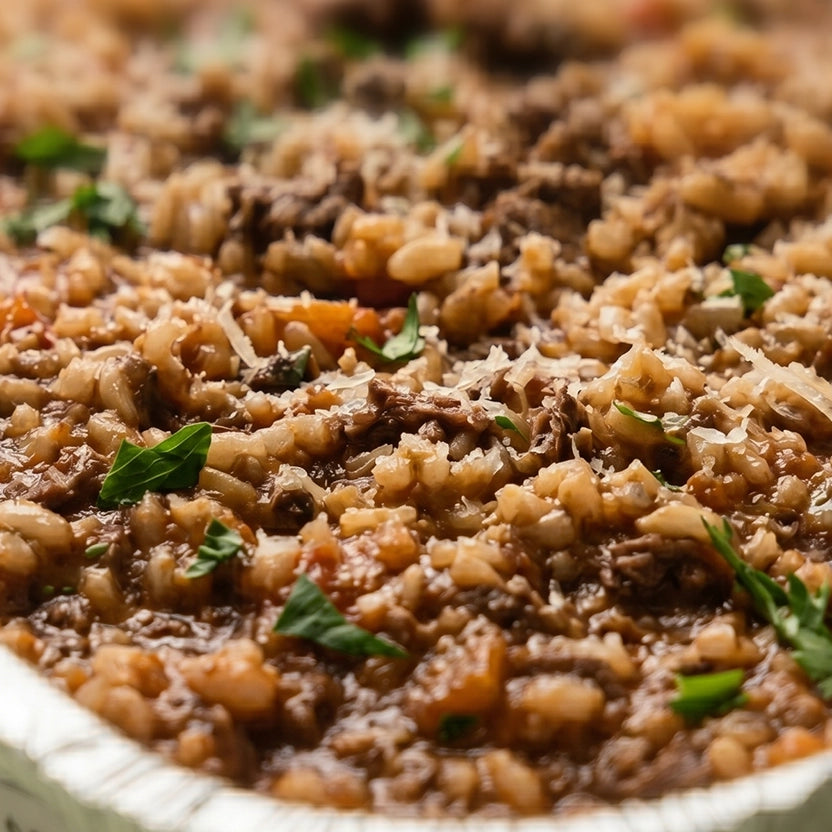 Close-up of a dish with rice and meat sauce garnished with parsley for office catering