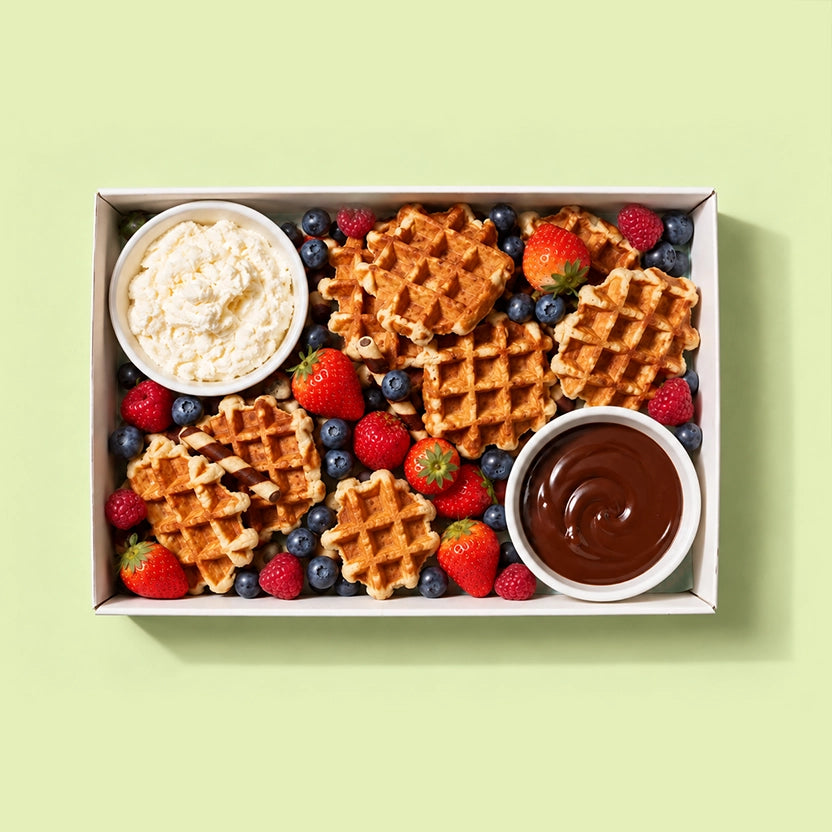 Waffle platter in a white catering box with mini waffles, strawberries, raspberries, blueberries, chocolate wafer rolls, a pot of whipped cream and a pot of chocolate, on a pale green background.
