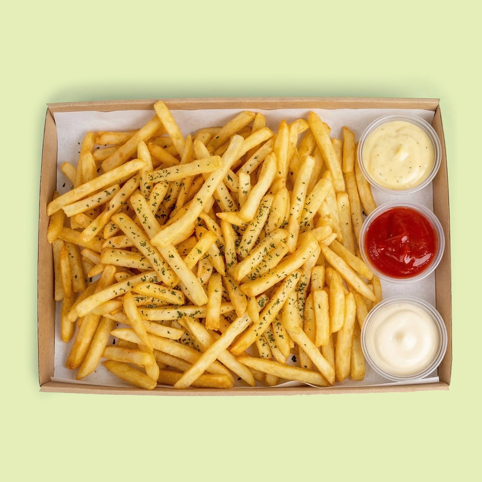 EATALO fries tray with crispy golden fries and dipping sauces for catering Sydney CBD