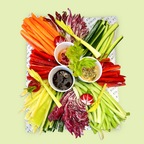 Italian vegetable crudités platter with carrots, cucumber, capsicum, fennel, radish, endive and dipping sauces.