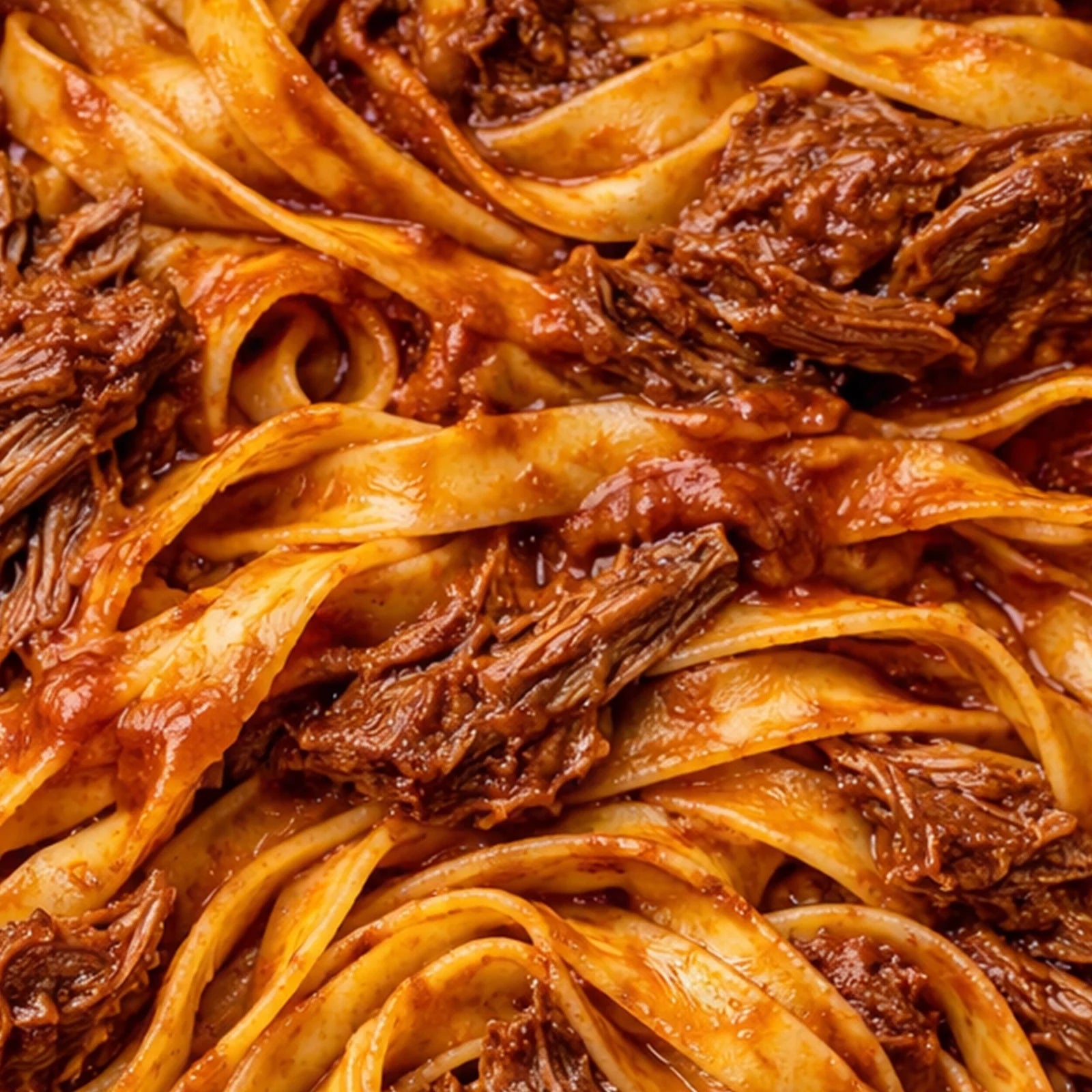 Close-up of tagliatelle pasta with braised lamb in a rich sauce