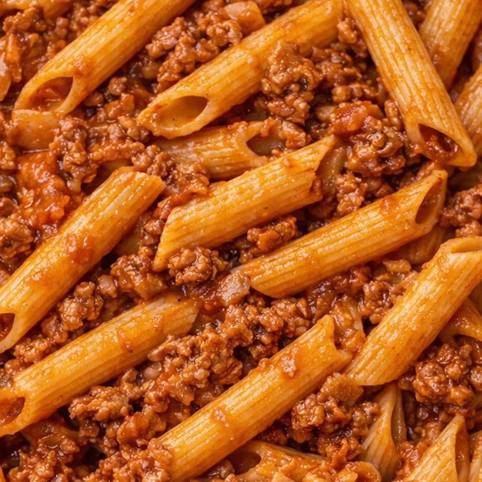 Close-up of penne pasta with a meat bolognese sauce