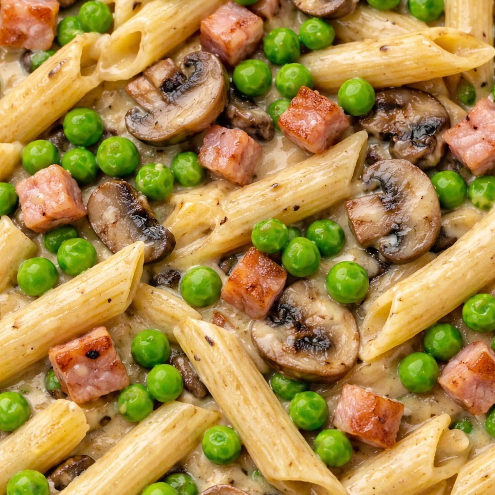 Italian pasta dish with penne, peas, mushrooms, and pieces of ham in a creamy sauce.