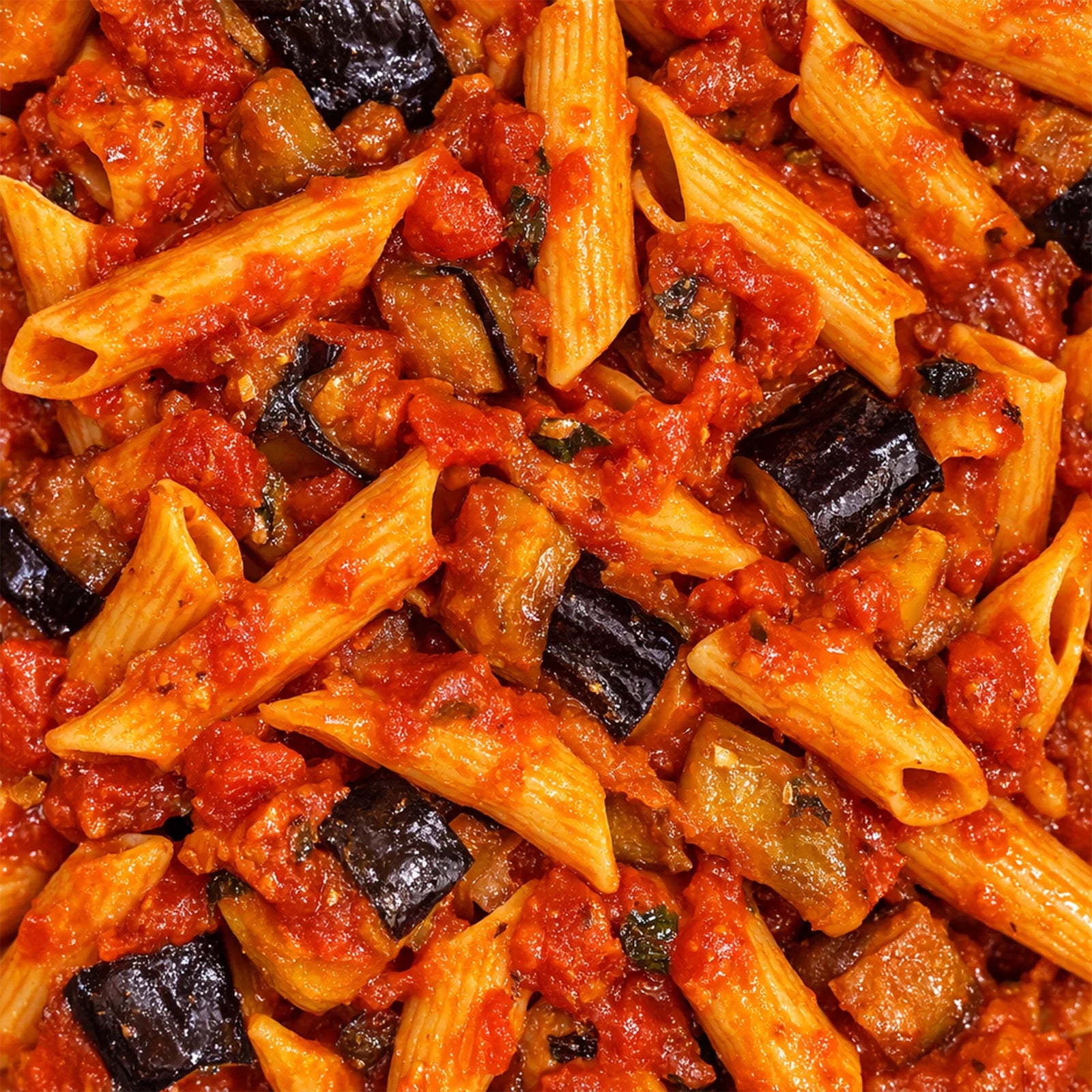 Pasta dish with penne, tomatoes, and eggplant in a red sauce