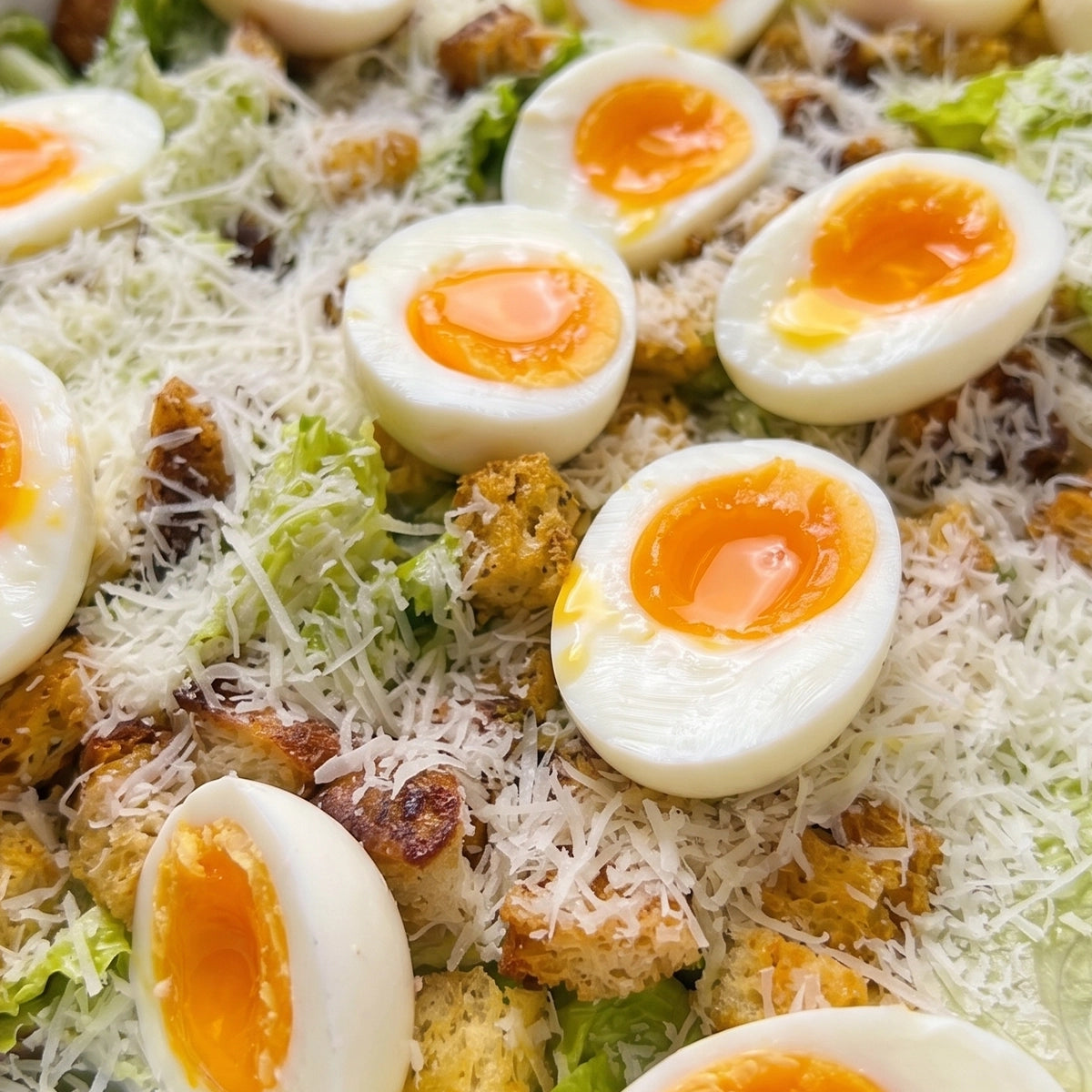 Salad with soft eggs and crispy bread