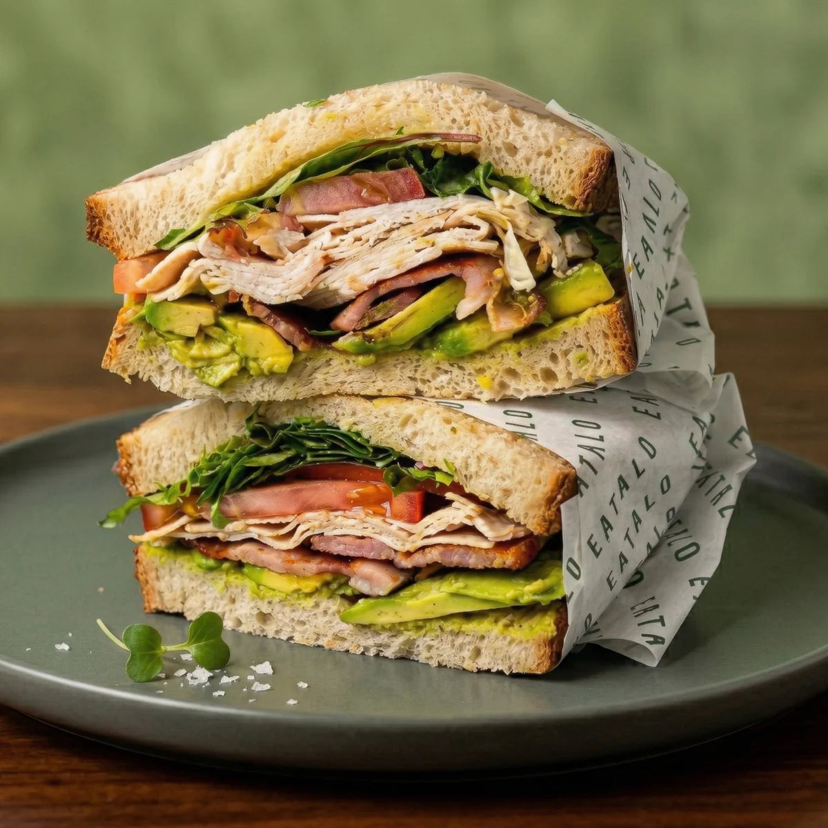 Sandwich with turkey, ham, avocado, and lettuce on a plate with a green background for catering in Sydney.